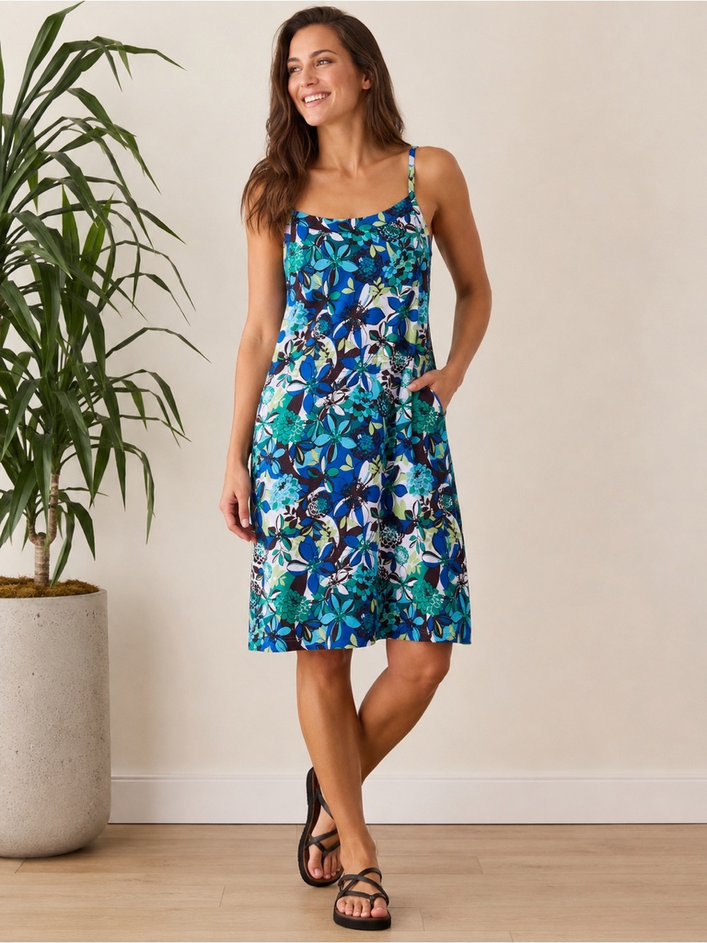 REI Tropical Floral Activewear Tank Dress Sleeveless Mini Women XS Blue